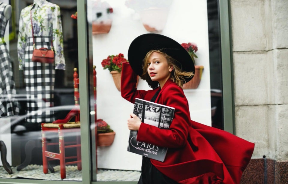 Woman in red shopping