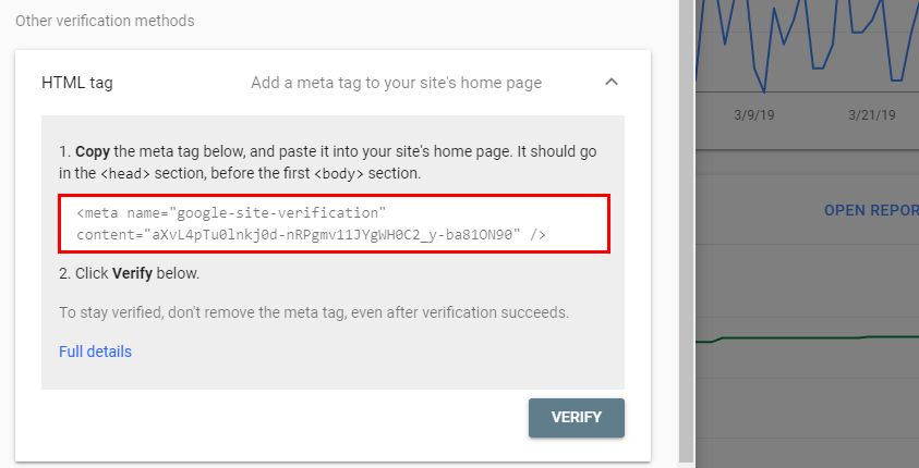 Screenshot of adding an HTML tag to help Google verify ownership