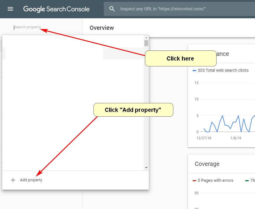 Screenshot of adding a property in Google Search Console